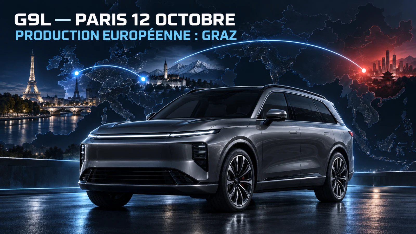 Editorial illustration of the XPENG G9L route from its China launch to Graz and Paris