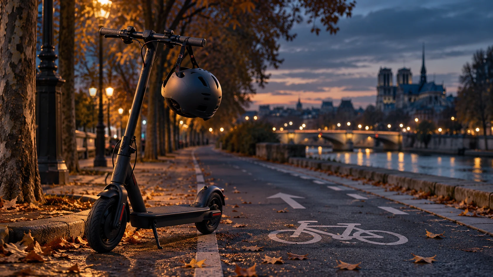 Un casque suspendu au guidon d’une trottinette stationnée près d’une piste cyclable, en soirée
