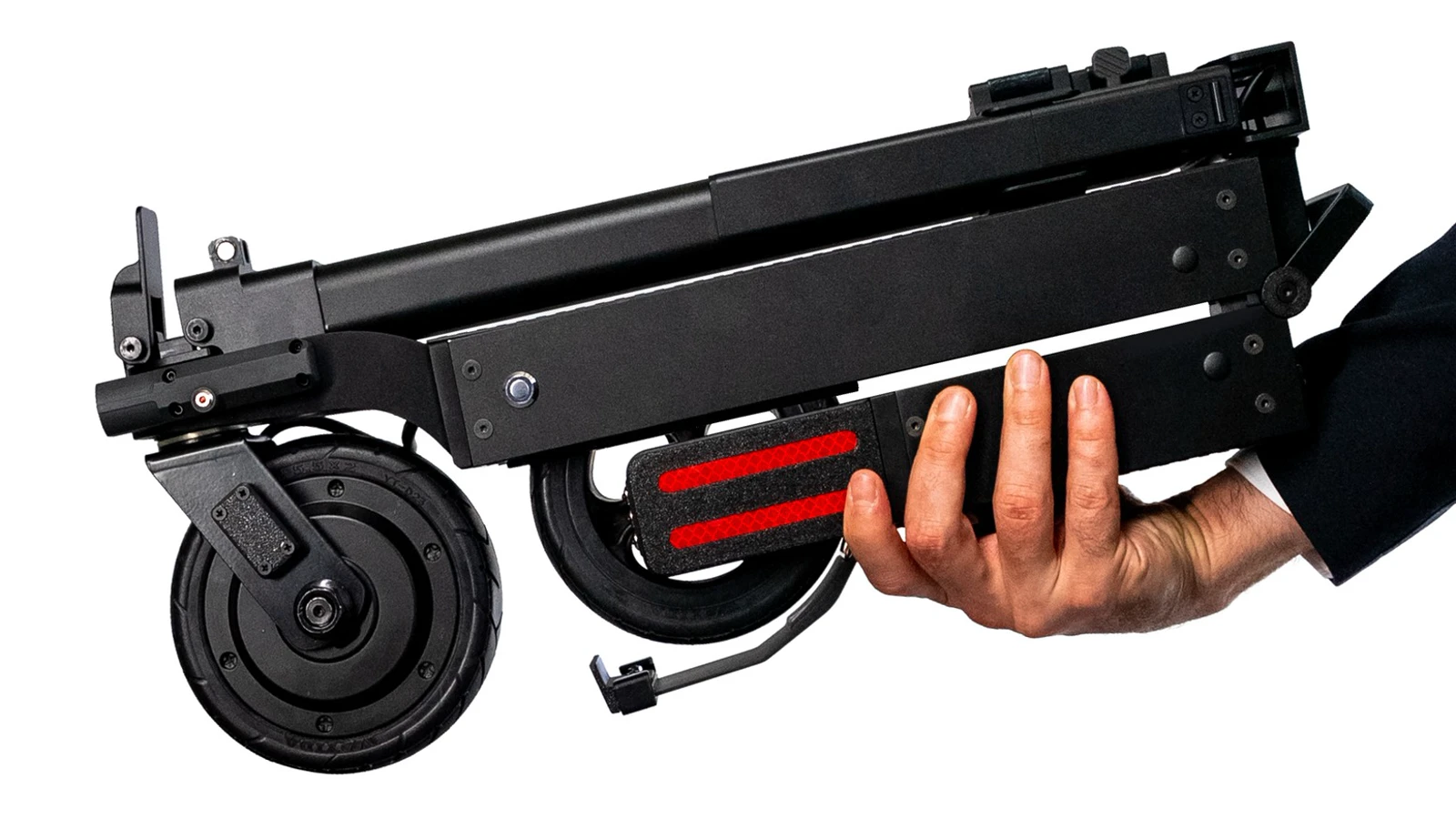 Blizwheel F0.5 pliée et portée à une main, visuel officiel Kickstarter