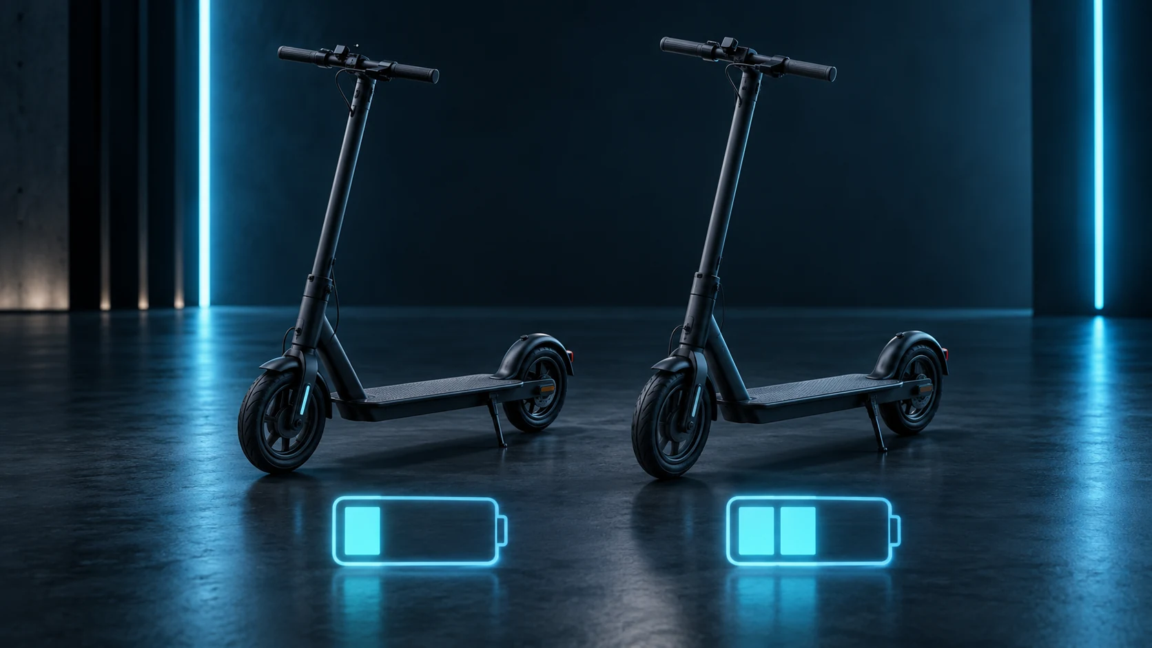 Deux trottinettes urbaines illustrées en studio avec deux symboles de batterie de capacités différentes