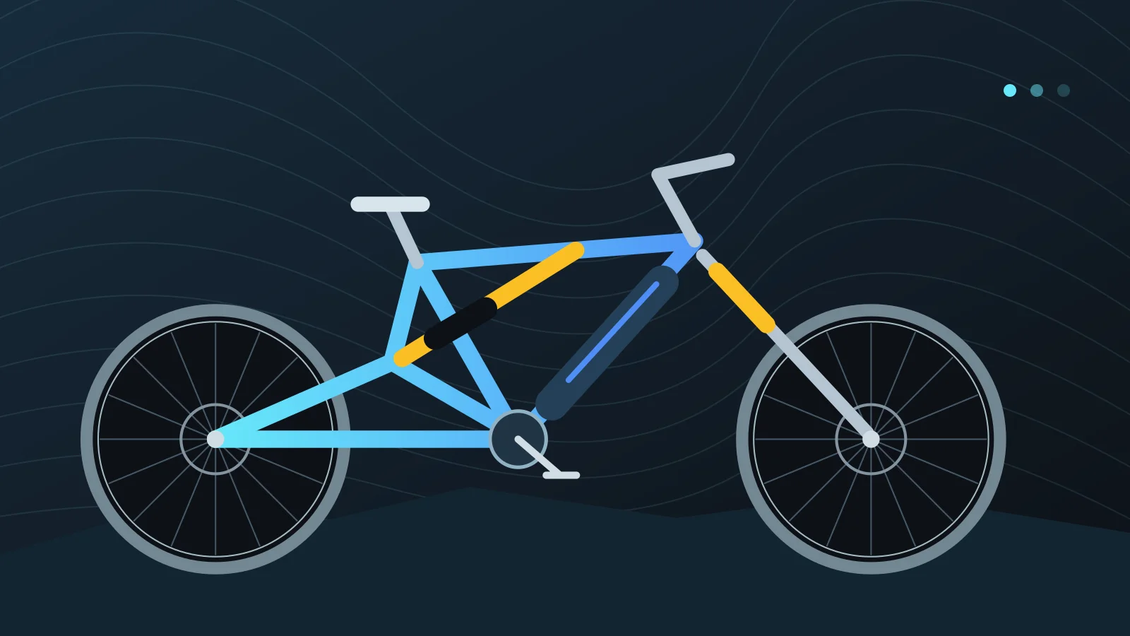 Editorial illustration of an electric mountain bike profile against mountain contours