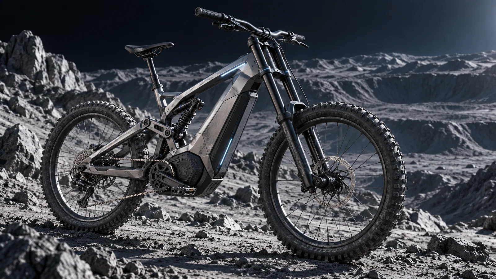 AI-generated fictional concept: a futuristic electric downhill mountain bike with a metallic frame on lunar terrain