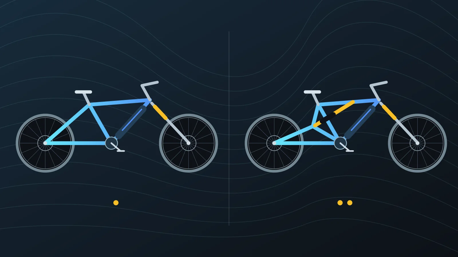 Editorial diagram of a hardtail and a full-suspension mountain bike, with suspension locations highlighted