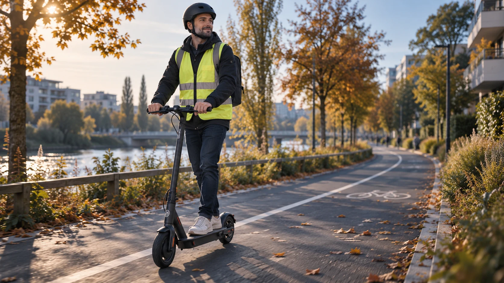 Un adulte portant un casque et un gilet haute visibilité sur une trottinette, sur une piste cyclable en automne