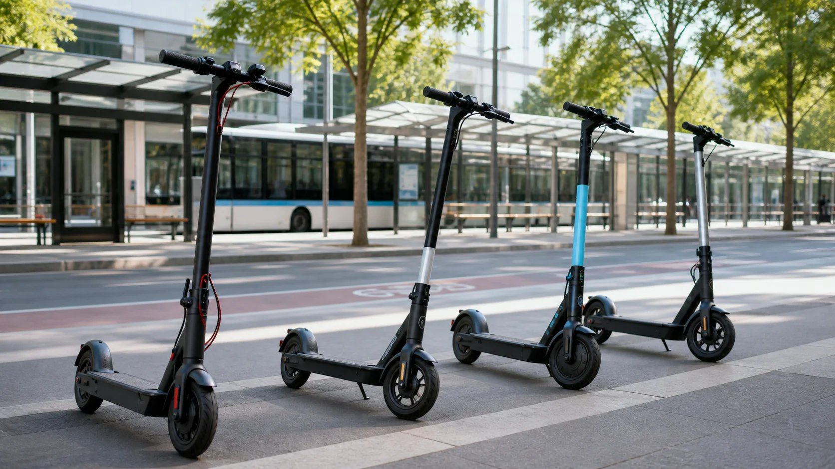 Plusieurs trottinettes électriques urbaines génériques près d’une station de transports