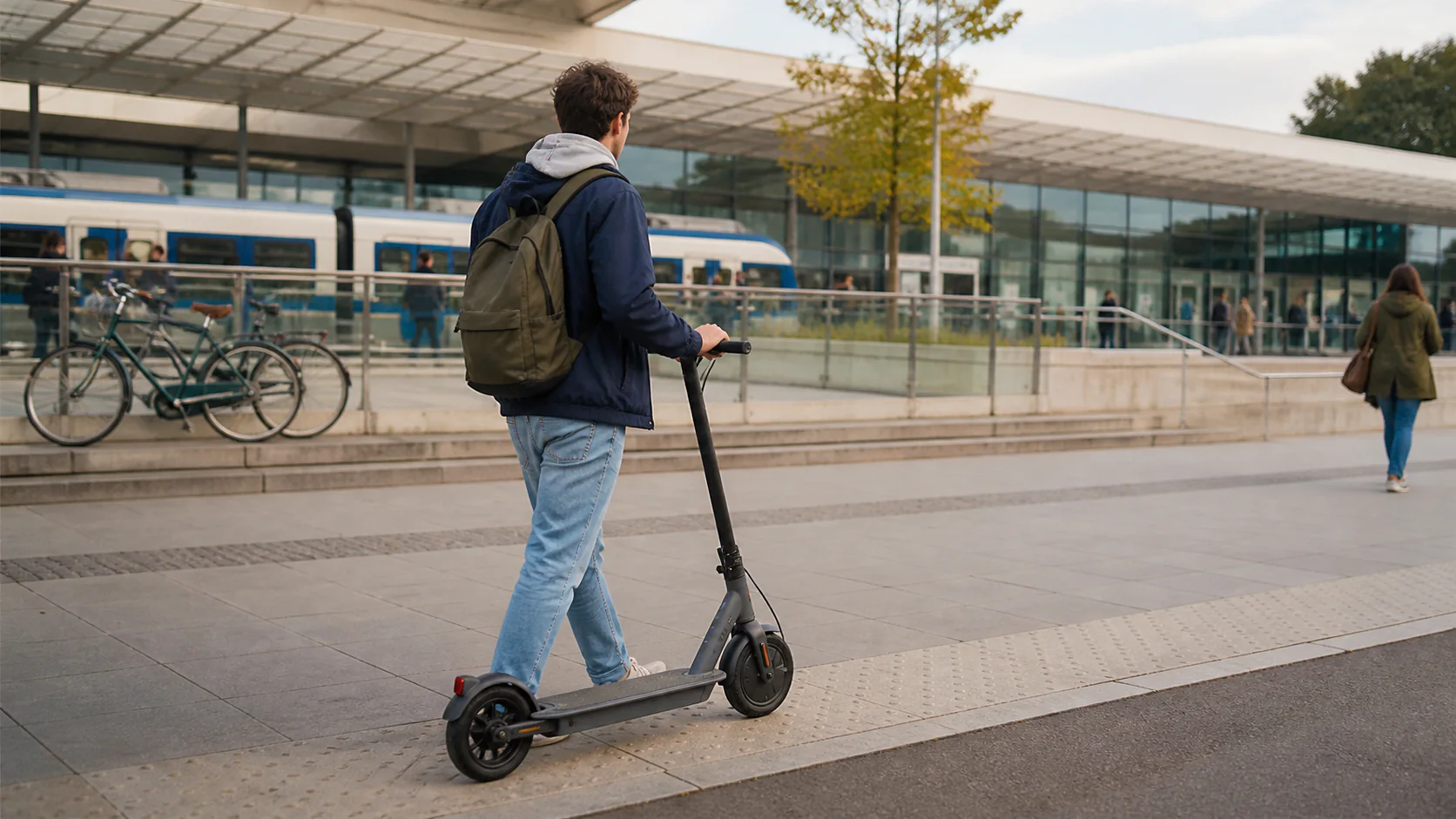 Étudiant avec un sac à dos marchant avec une trottinette électrique urbaine devant une gare